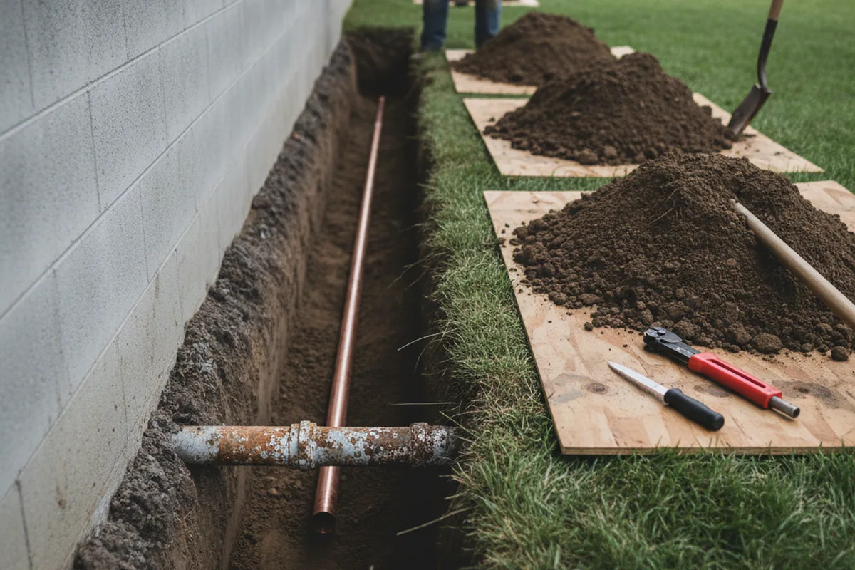 Excavated water line trench during Sewer Line Repair in South Bethlehem